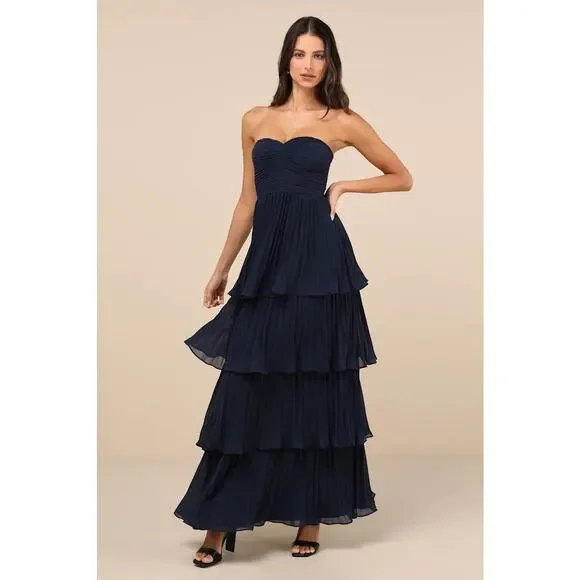 NWT Lulus Seriously Sensational Navy Blue Strapless Tiered Maxi Dress Gala Sz M - Picture 1 of 7